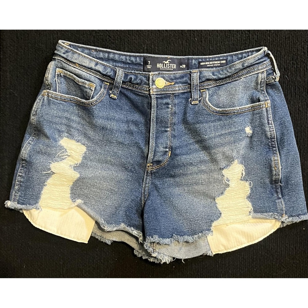 Hollister Shorts Juniors 7 Blue High Rise Boyfriend Denim Distressed‎ Cutoff